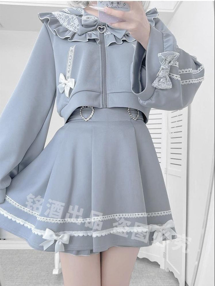 Cat Ear Jirai Kei Zip-Up Hoodie, Pleated Skirt 43809:786302