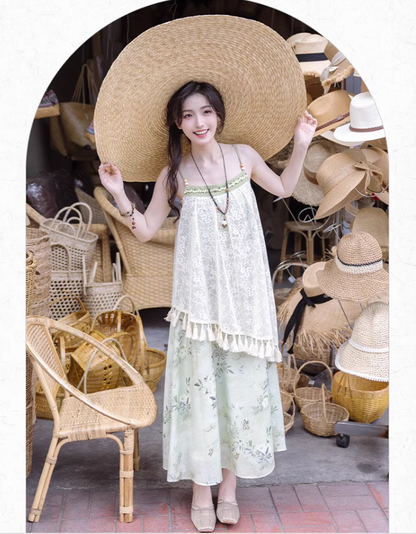 Cottagecore Dress Mori Kei Strap Dress Floral Dress With Tassels 36246:534474