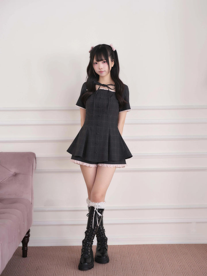 Ryousangata Lace Trim Dress & Elastic Shorts Set 45835:864543