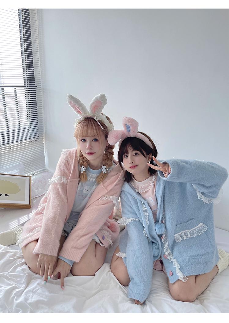 Kawaii Coat Sweater Bunny Ear Lace Knitted Hooded Cardigan 40338:665360