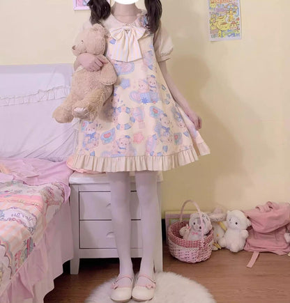 Sweet Lolita Dress Bear Print Jumper Dress Kawaii Salopette 37288:563520