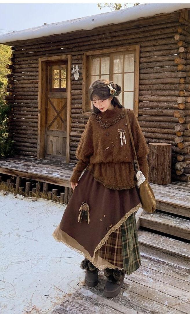 Mori Kei Stand-Collar Sweater, Irregular Plaid Skirt 44214:803860