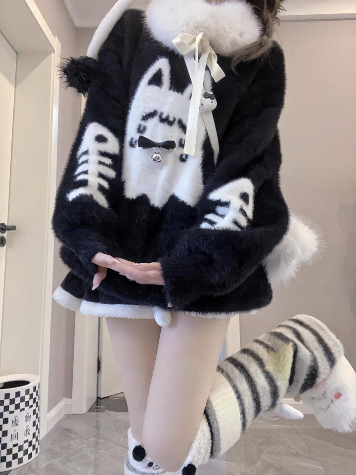 Jirai Kei Sweater Black Ghost Cat Print Couple Sweater 39952:646138