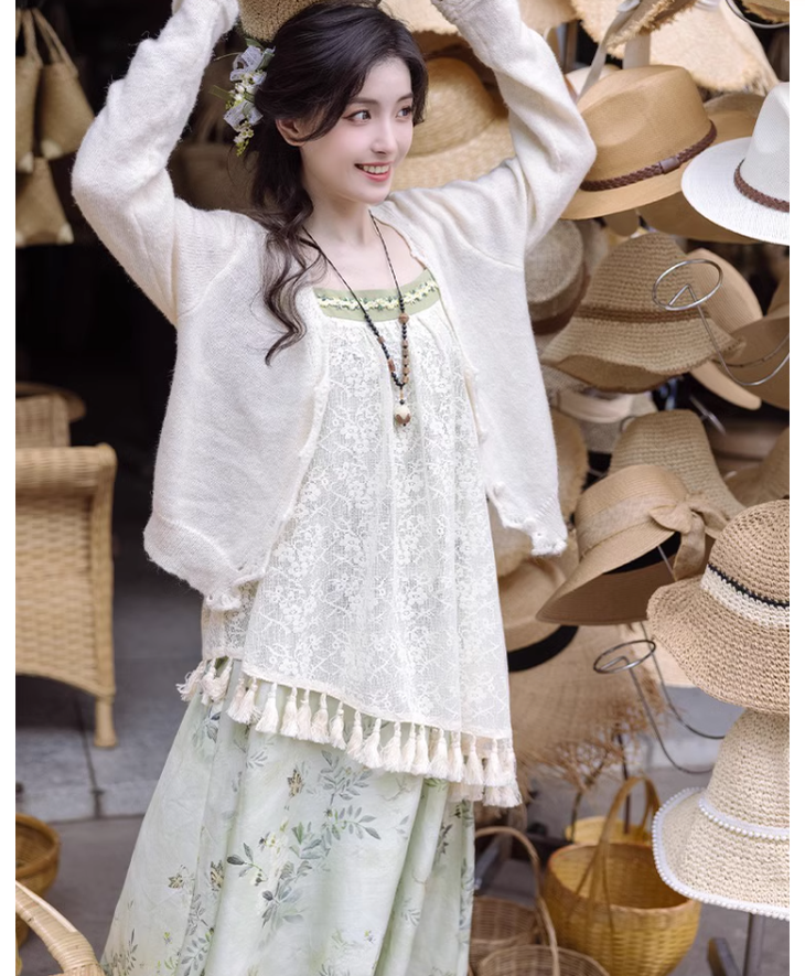 Cottagecore Dress Mori Kei Strap Dress Floral Dress With Tassels 36246:534442