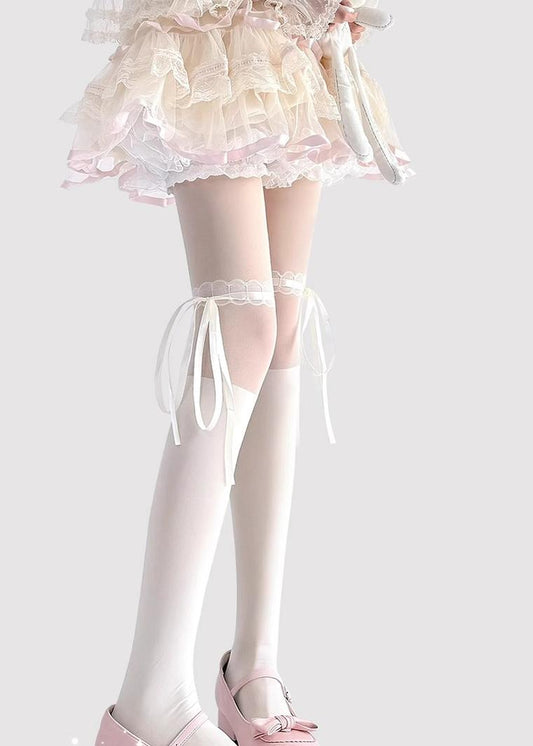 Lolita Socks Thin Lace Splice Thigh-high Socks White Black Silk 36622:526500