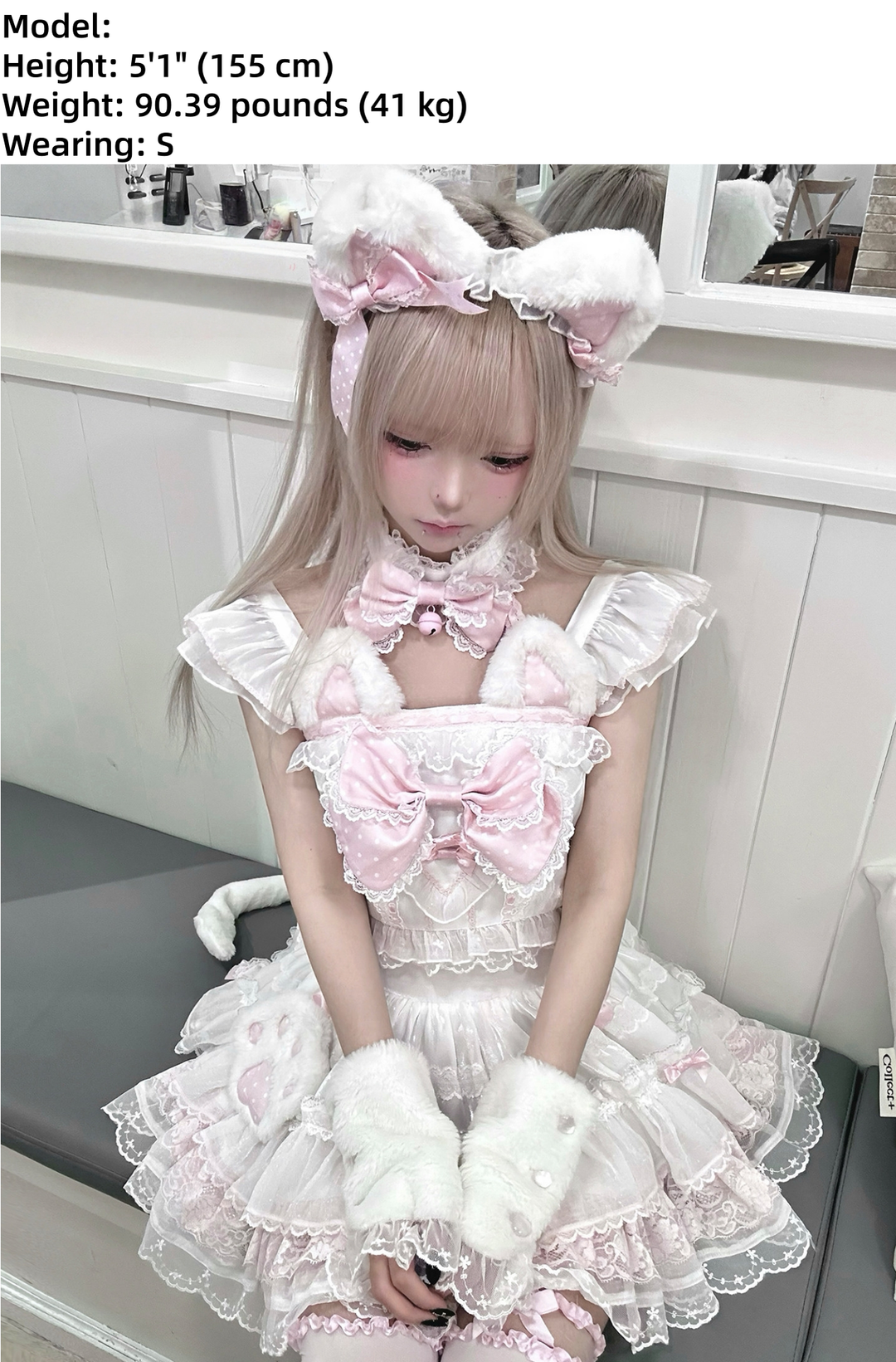 Kawaii Lolita Tiered Skirt Set, Cat Ears & Polka Dot Bow 44958:837185