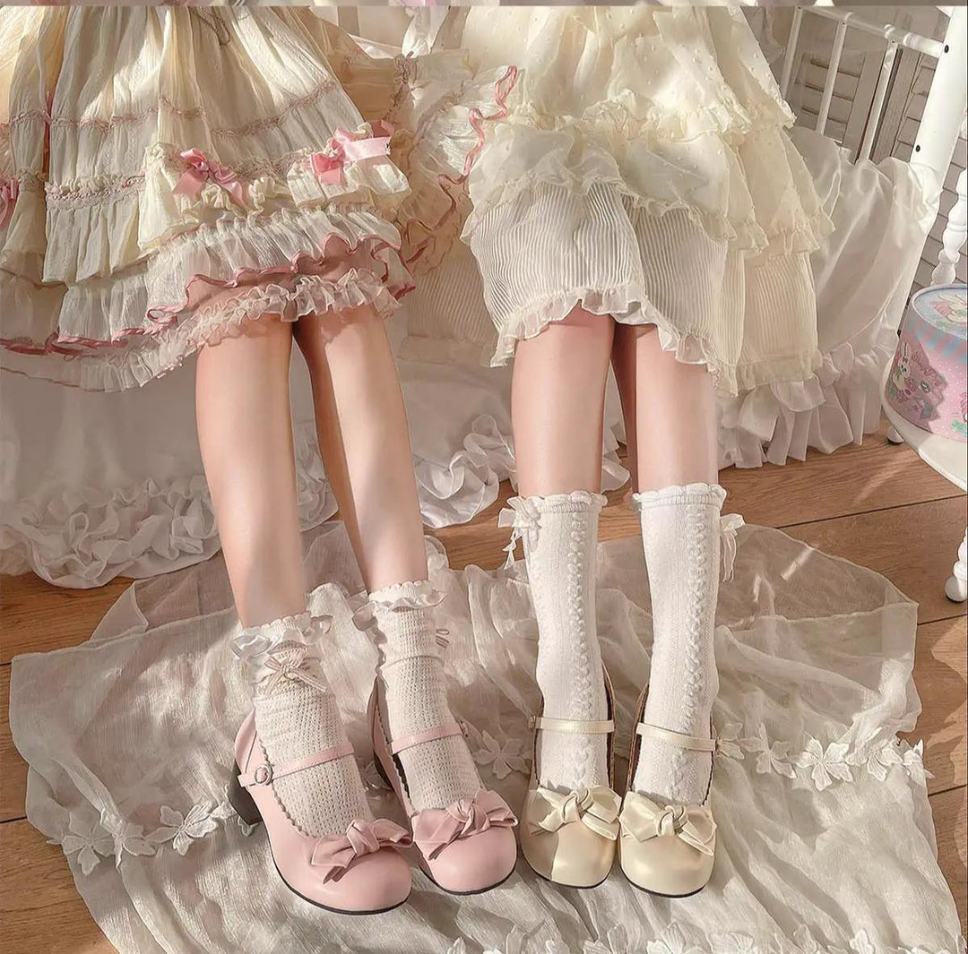 Lolita Shoes Round Toe Pink Shoe Butterfly Bow Beige Shoes 37596:602406