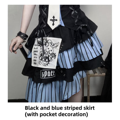 Jirai Kei Off-shoulder Striped Shirt And Ruffled Hem Skirt (L M S) 37558:564436