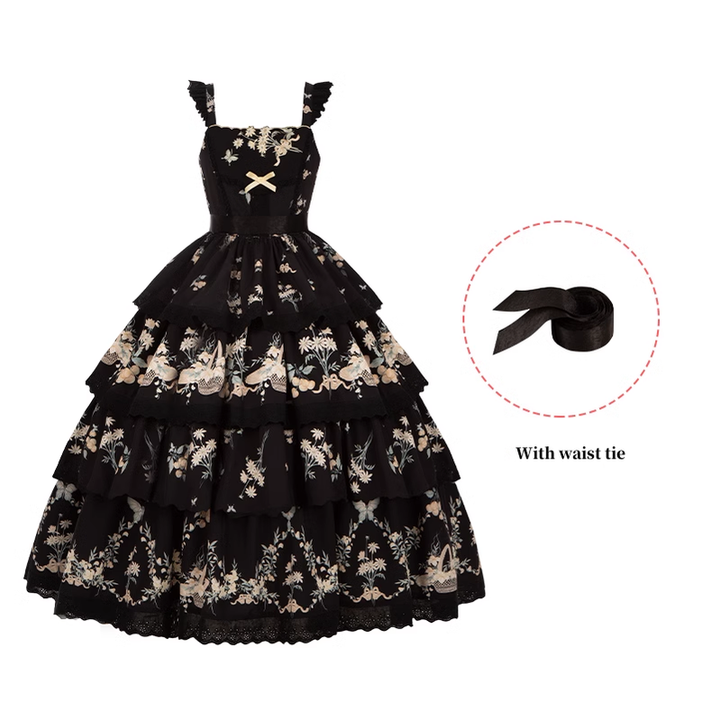 Classic Lolita Dress Twins Cottagecore Embroidery Tiered Dress (L M S) 39470:641276