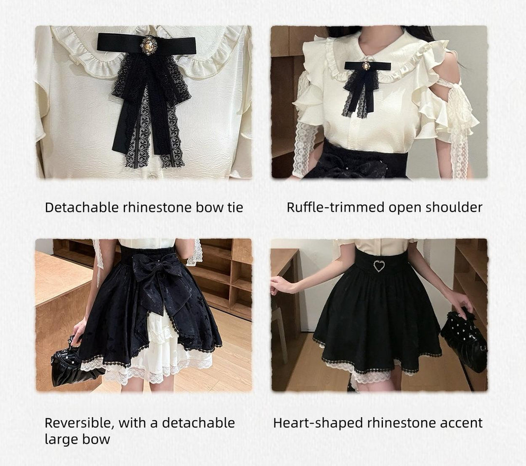 Seiso Kei Ruffled Shoulder Blouse, Butterfly Pattern Skirt 45622:858773
