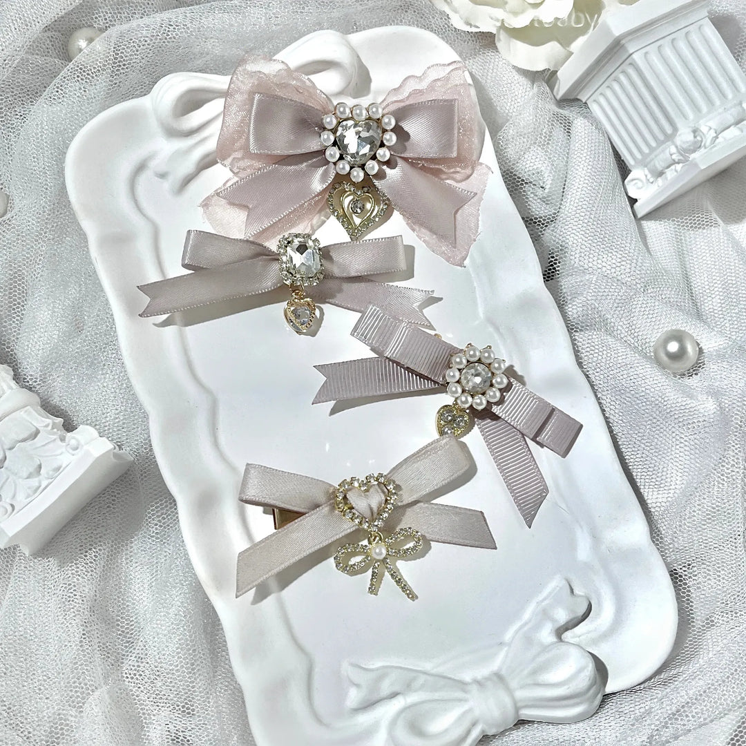 Jirai Kei Bow Hair Clips Set, Rhinestone & Pearl Accent 45776:866474