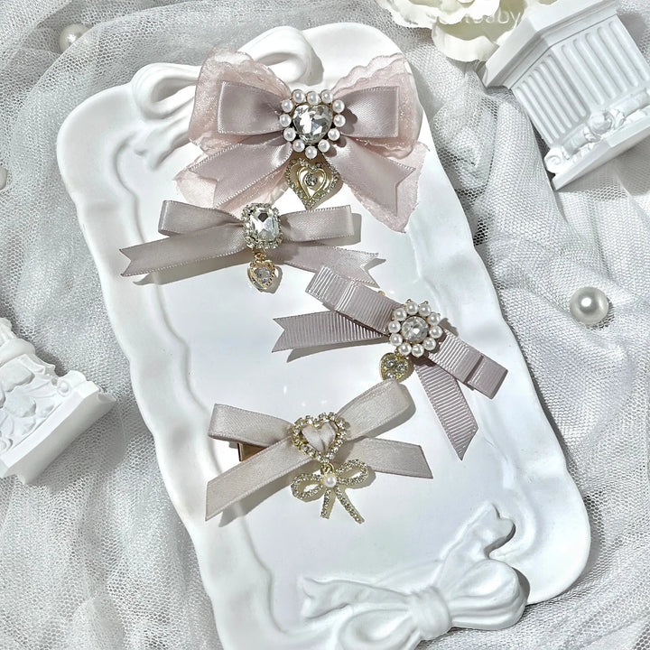 Jirai Kei Bow Hair Clips Set, Rhinestone & Pearl Accent 45776:866474