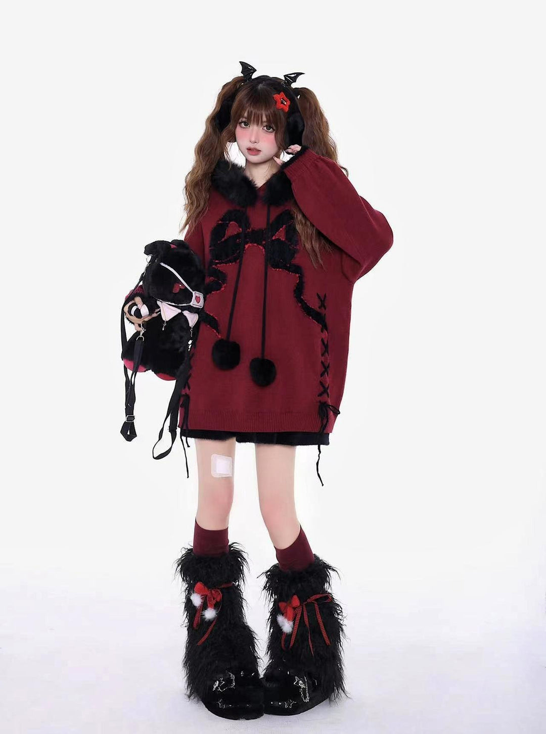 Yami Kawaii Sweater Bow Black Red Hoodie Detachable Collar 39556:650136