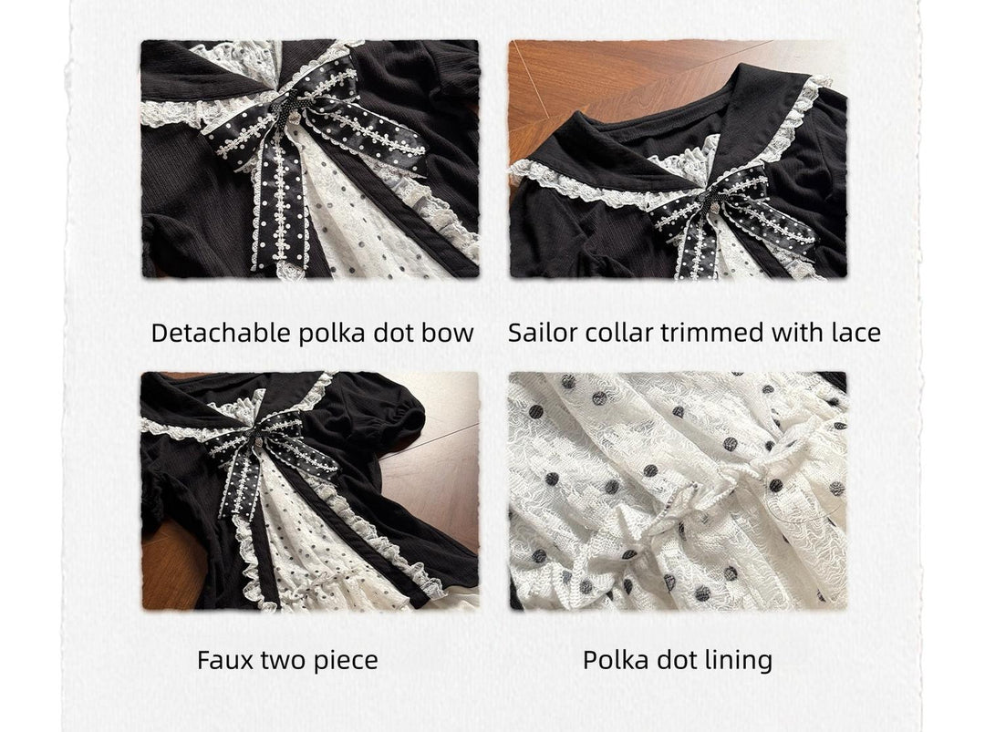 Sweet Polka Dot Sailor Collar Blouse, Elastic Waist Skirt 45346:850201