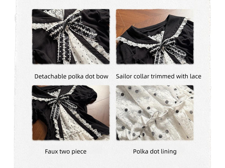 Sweet Polka Dot Sailor Collar Blouse, Elastic Waist Skirt 45346:850201