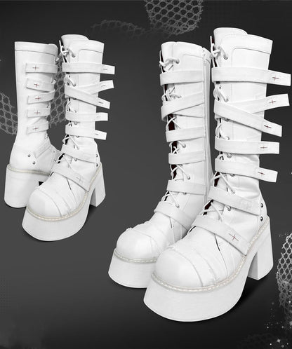 Punk Combat Boots Cross Strap Black White Boots 33822:446274