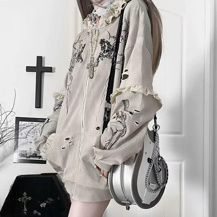 Punk Hooded Jacket, Ripped Details & Horse Embroidery 45939:871254