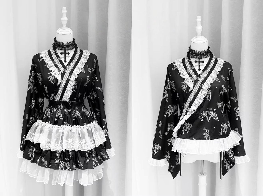Gothic Blouse and Skirt Yukata Set, Wing Print 45129:836036