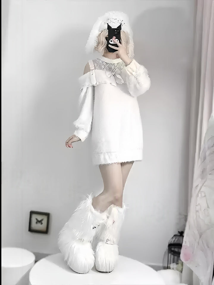 Jirai Kei Sweater Long White Lace Sweater Layered Skirt 42147:760862