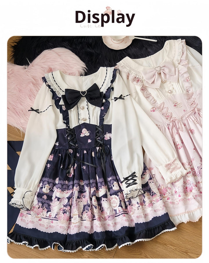 Kawaii Ryousangata Dress Long-sleeved Cat Printed OP Dress 40560:665174