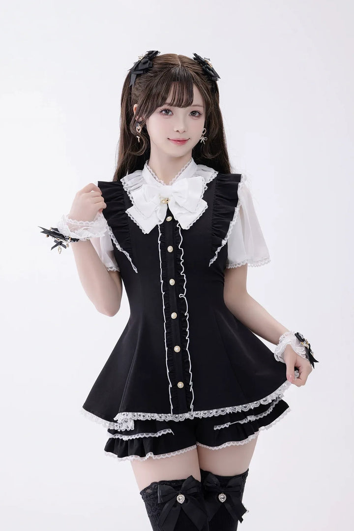 Jirai Kei Button Closure Dress Set Up, Chiffon Sleeves 45390:846613