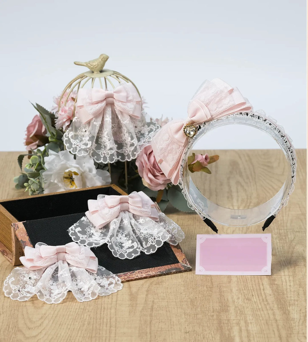 Pink Ryousangata Layered Bow Headdress, Lace & Rhinestone 45961:870451