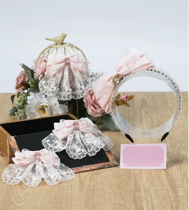 Pink Ryousangata Layered Bow Headdress, Lace & Rhinestone 45961:870451
