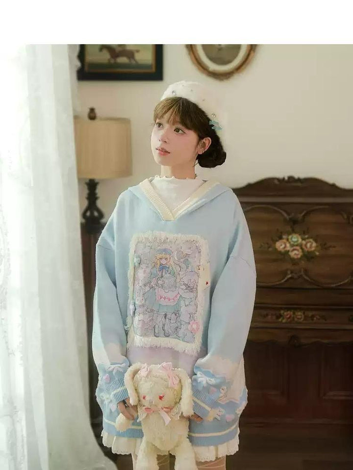 Mori Kei Sweatshirt Alice Print Blue Hoodie Autumn Vest 39316:650040