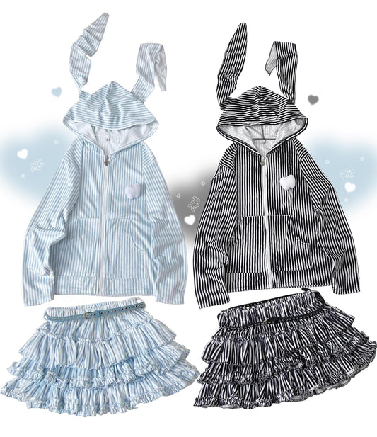 Jirai Kei Hoodie Skirt Set Stripe Hoodie Bunny Ear Coat (In-Stock Pre-Order) 34402:460494