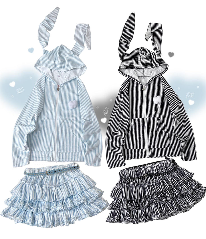 Jirai Kei Hoodie Skirt Set Stripe Hoodie Bunny Ear Coat (In-Stock Pre-Order) 34402:460494 (In-Stock Pre-Order) 34402:460494