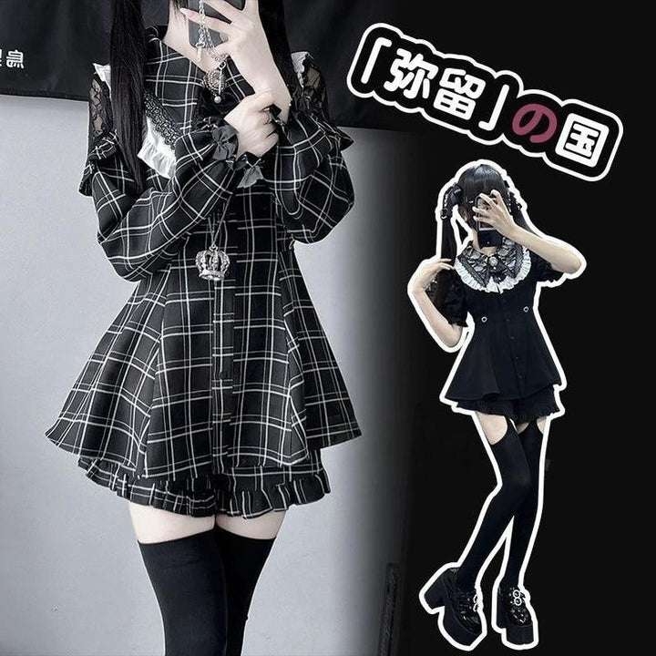 Jirai Kei Dress Set Black Plaid Dress With Puritan Collar 39506:760643