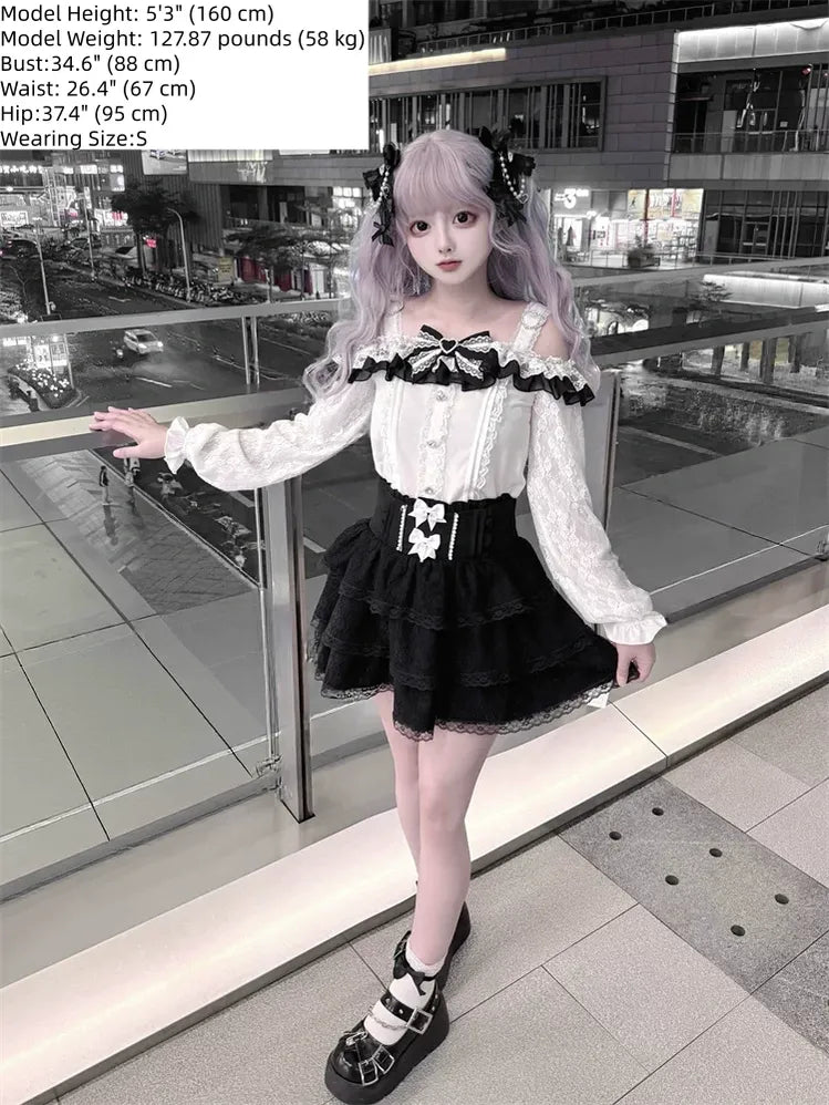 Jirai Kei Off Shoulder Blouse, Lace Layered Skirt 45576:856337