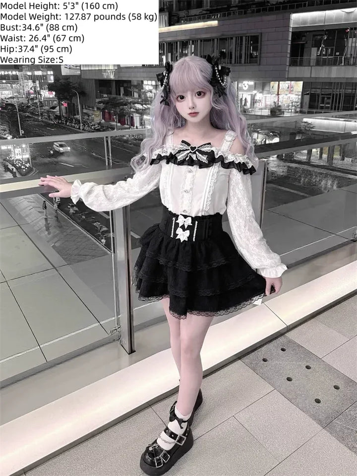 Jirai Kei Off Shoulder Blouse, Lace Layered Skirt 45576:856337