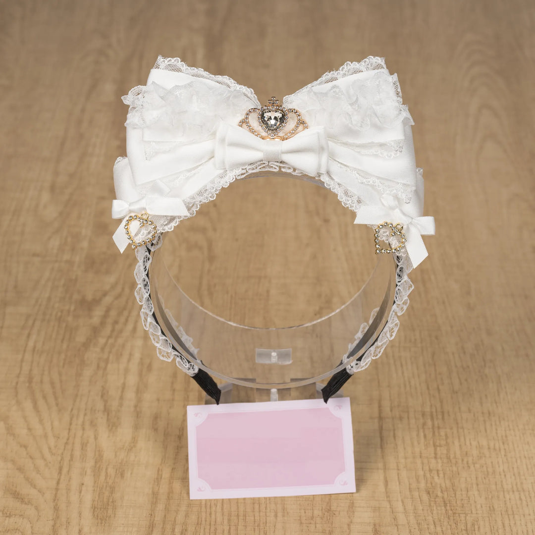 Jirai Kei Layered Bow Lace Headband, Crown & Heart Rhinestone 45960:870867