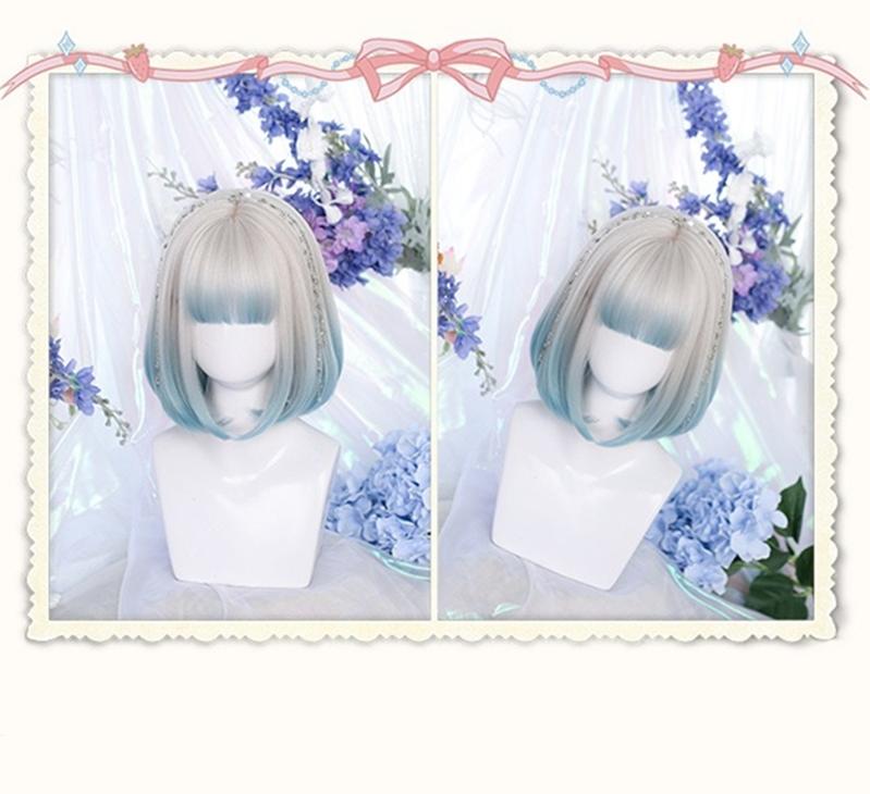 Lolita Wig Silver Bob Straight Bangs Wig Short Hair 35950:514218