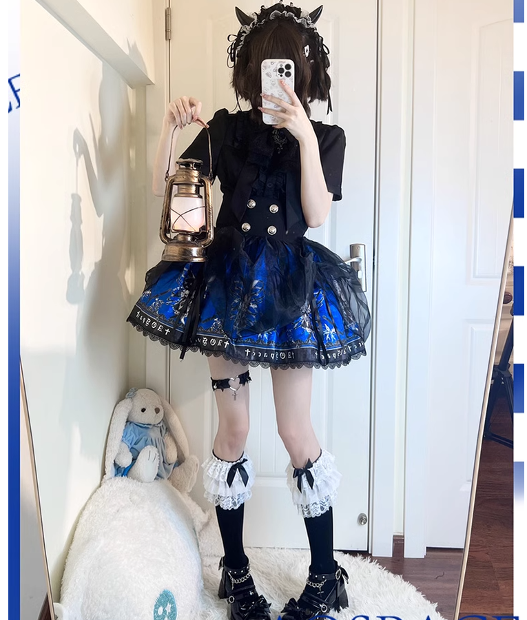 Black Lolita Skirt High-Waisted Print Skirt With Lace Trim 37562:563902