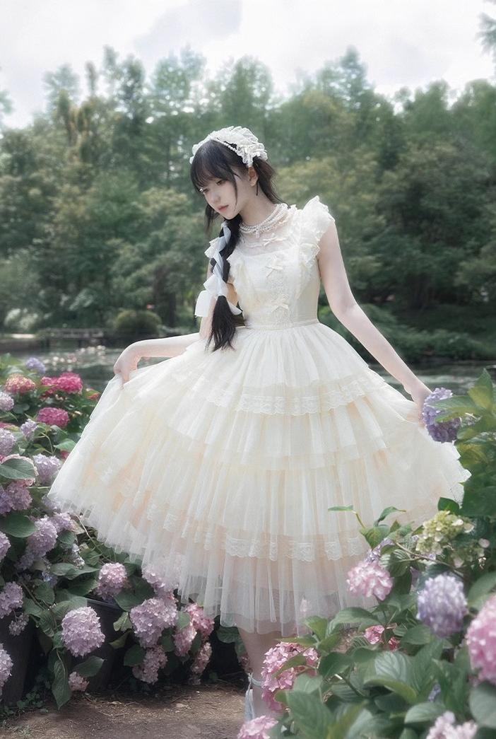 Classic Lolita Dress With Large Flounce Hem And Beige Puff Sleeves Shirt 38068:608750