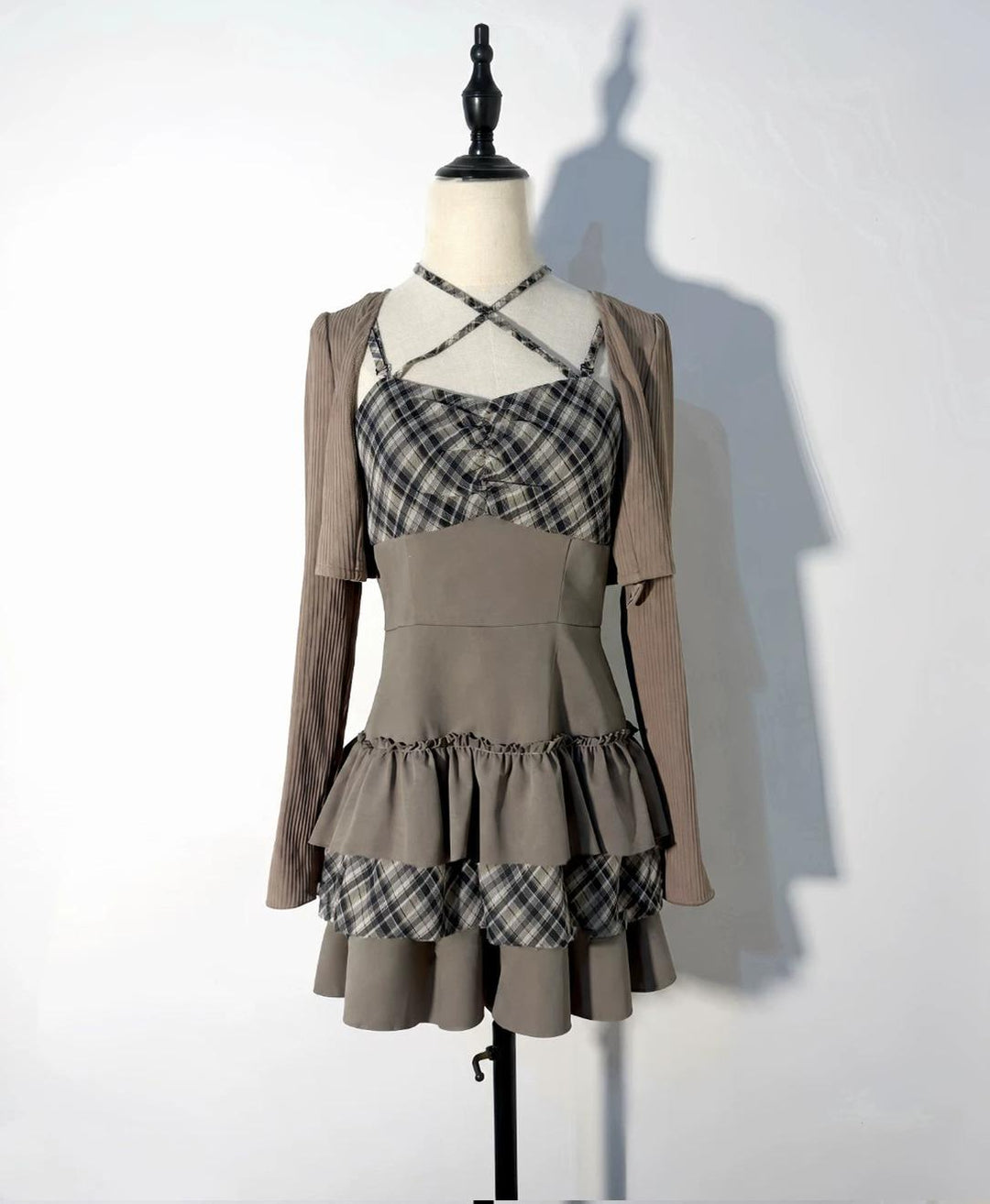 Jirai Kei Plaid Halter Neckline Dress, Solid Bolero (L M XL) 46017:872680