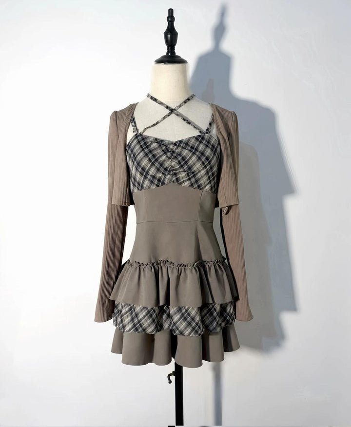 Jirai Kei Plaid Halter Neckline Dress, Solid Bolero (L M XL) 46017:872680