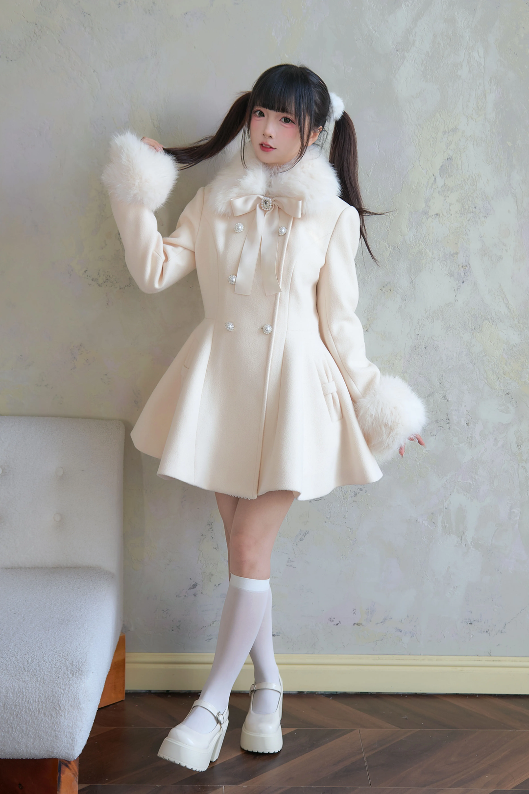 Jirai Kei Winter Coat Mid-length Coat Slim Fit Big Hem Coat 40570:674382