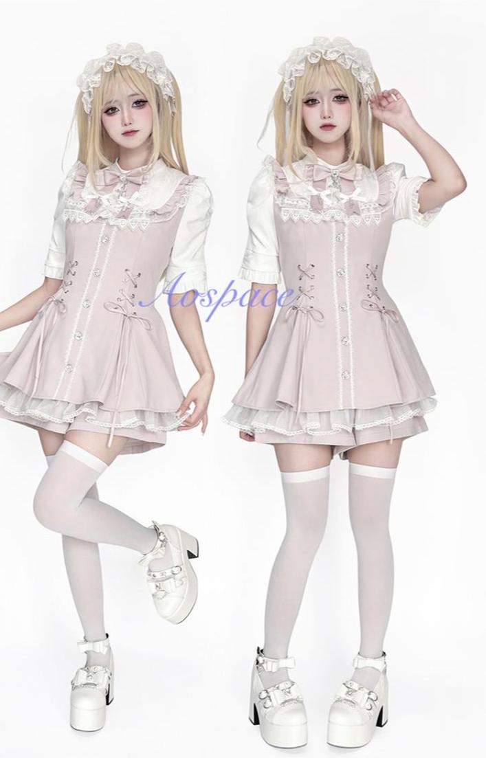 Short-sleeved Ryousangata Dress, Detachable Bowtie 43823:786799