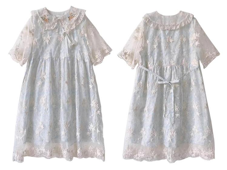 Kawaii Mori Kei Dress Blue Floral Sweet Dress 36206:523492