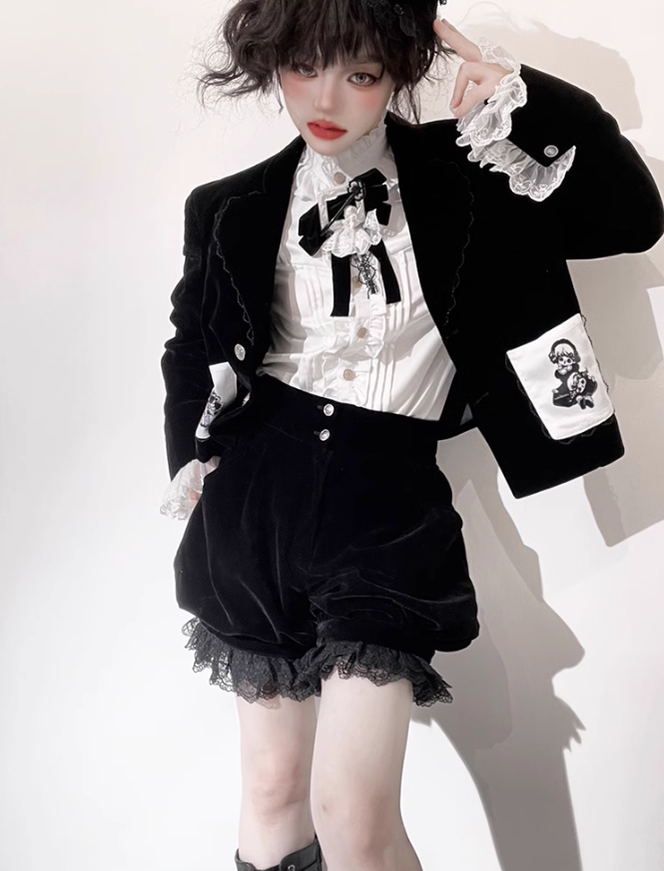 Ouji Lolita Prince Outfit Set Black Skirt Velvet Shorts Set 39368:632046