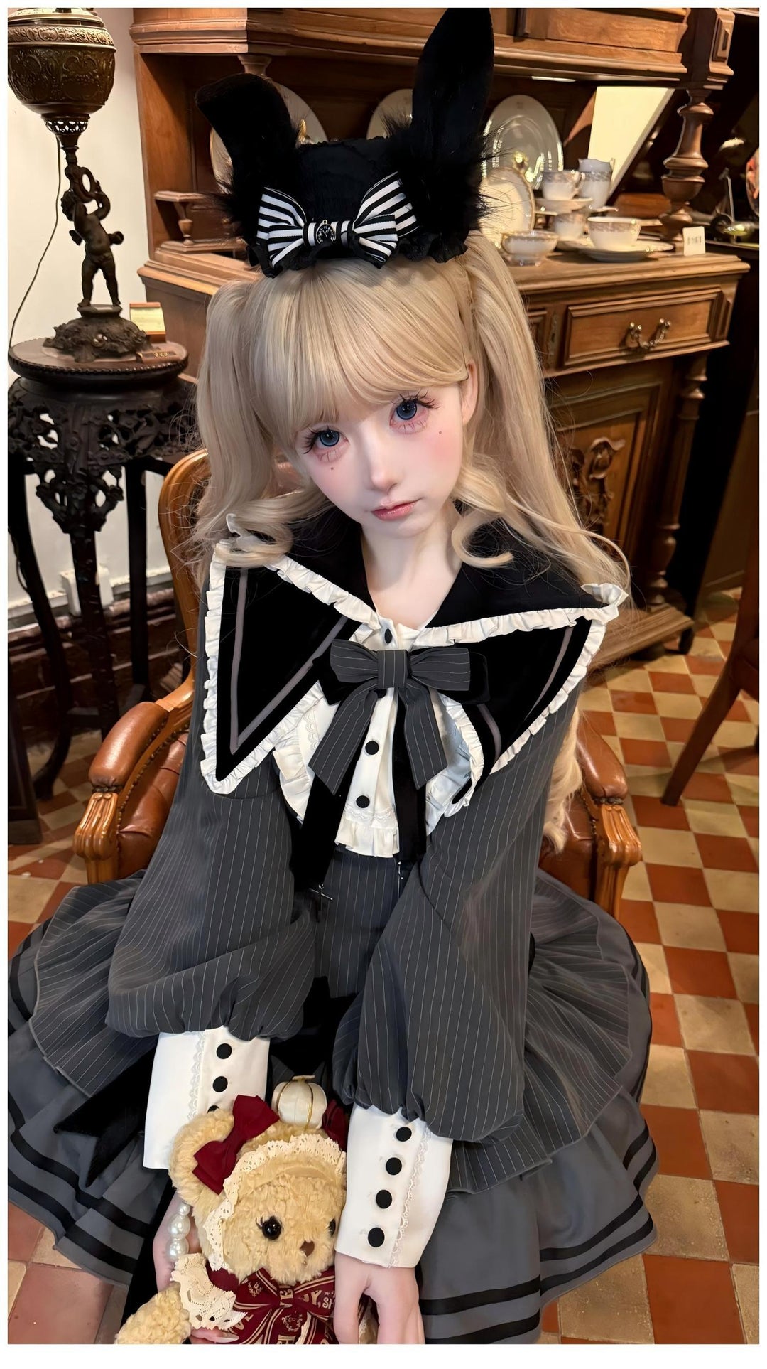 Kawaii Lolita Dress Grey OP With Long Bunny Ears and Plush Ball 42320:738127