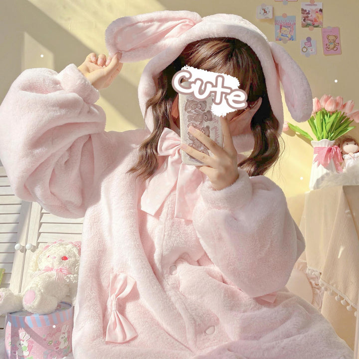 Jirai Kei Coat Sweet Bunny Ear Hoodie Long Fleece Coat 40938:682280