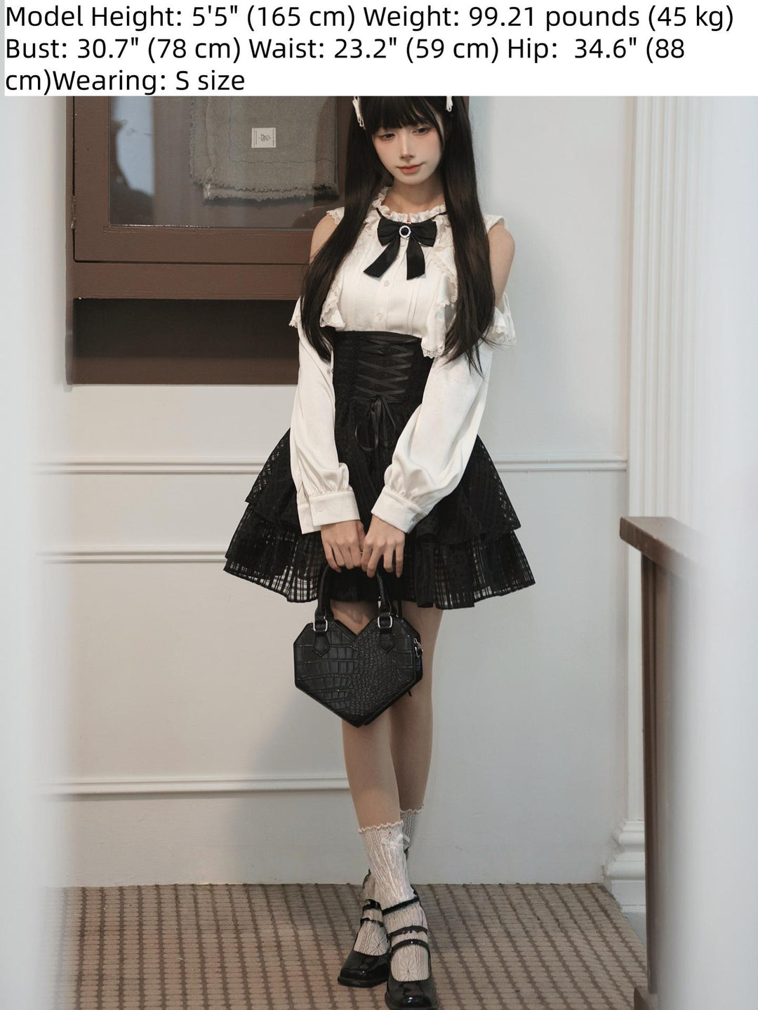 Open-Shoulder Blouse, High-Waisted Plaid Skirt 44297:804759