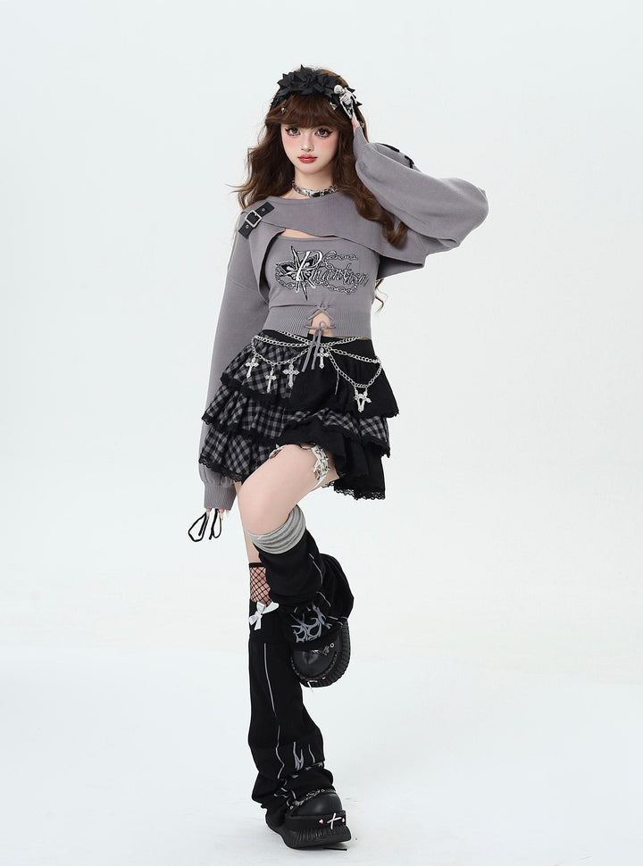 Gyaru Fashion Sweater Sexy Long-Sleeve Knitted Two-Piece Set 41788:719372