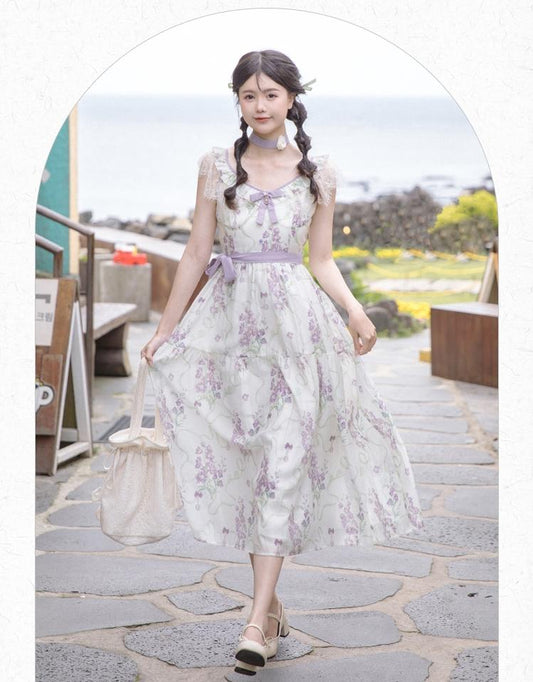 Mori Kei Floral Dress Cottagecore Dress V-neck Dress 36240:527978