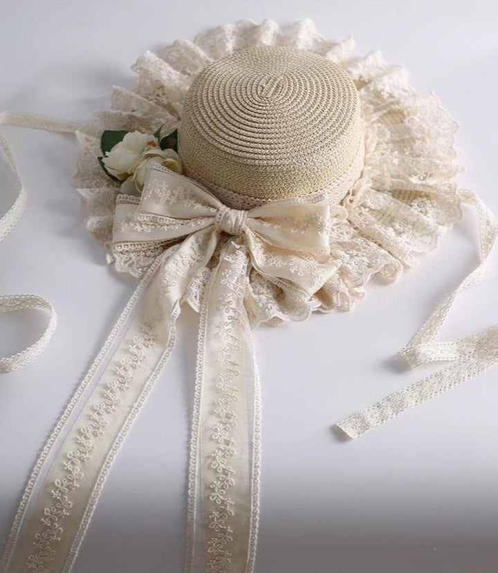 Mori Kei Sunhat Beige Country Lolita Hat With Lace Bow And Soft Straw 42247:734878