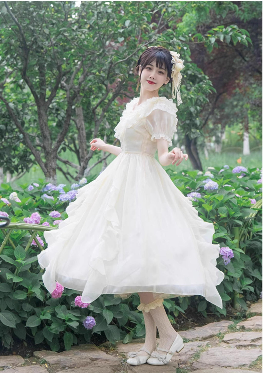 Classic Lolita Dress V-neck Lace Short Sleeve Daily Lolita Dress 37254:558180